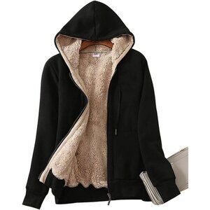 Women's Black Casual Full Zip Sherpa Lined Hoodie Sweatshirt Jacket Coat